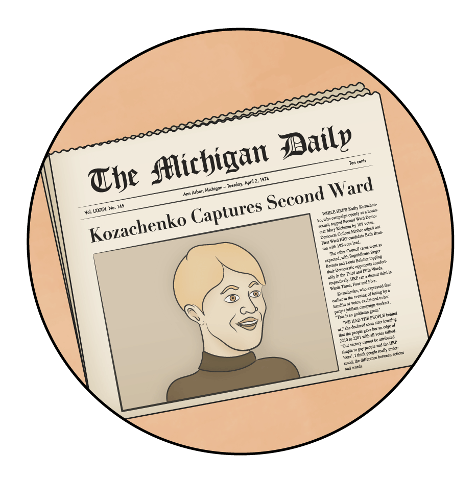 A newspaper headline of the Michigan Daily declares that Kozachenko won the Second Ward